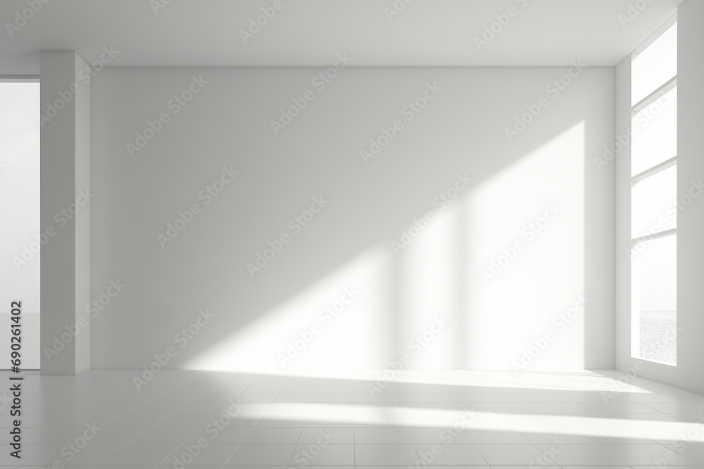 Empty white room with shadows of windows and light. Generative AI.