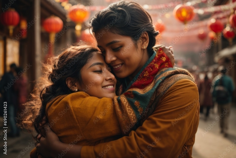 A beautiful happy Indian couple hugging on a festive decorated street. A day of hugs, Love concepts.