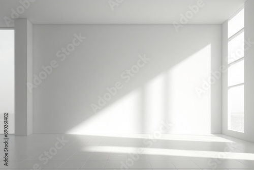 Empty white room with shadows of windows and light. Generative AI.