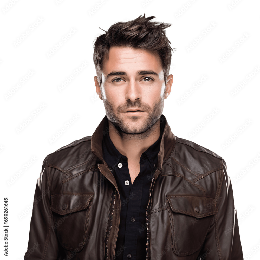 Badass Style: Handsome Brunette Man in Dark Brown Leather Jacket, Isolated on Transparent Background - Edgy and Confident Fashion Portrait Badass Style: Handsome Brunette Man in Dark Brown Leather Jacket, Isolated on Transparent Background - Edgy and Confident Fashion Portrait