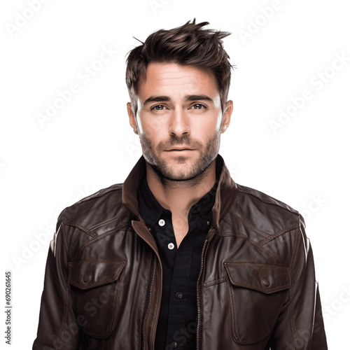 Badass Style: Handsome Brunette Man in Dark Brown Leather Jacket, Isolated on Transparent Background - Edgy and Confident Fashion Portrait
