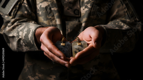 Close-up of a soldiers hands holding dog tags against a somber backdrop.