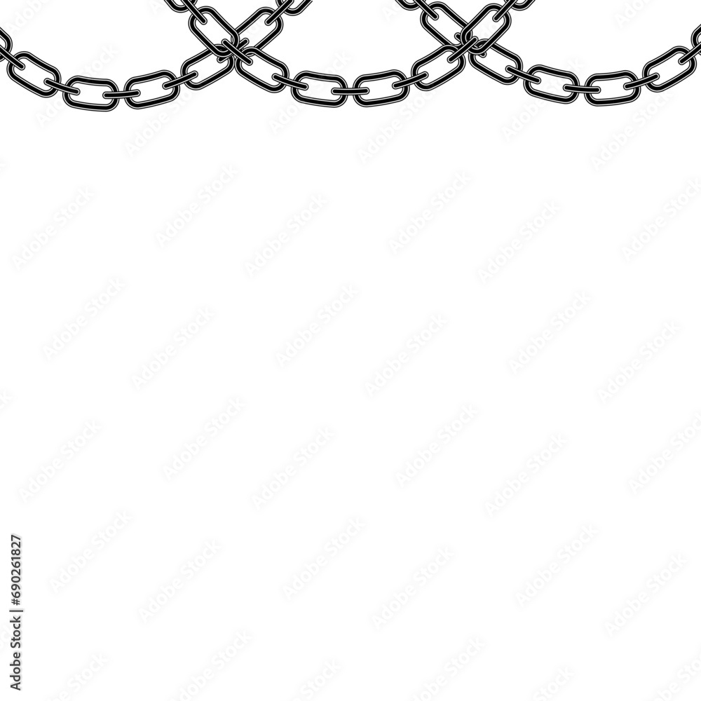 Set of chains hanging from above graphic silhouette, Metal links of the chain crossed with each other, Stylish frame border, Vector illustration isolated. Set of chains hanging from above graphic silhouette, Metal links of the chain crossed with each other, Stylish frame border, Vector illustration isolated.