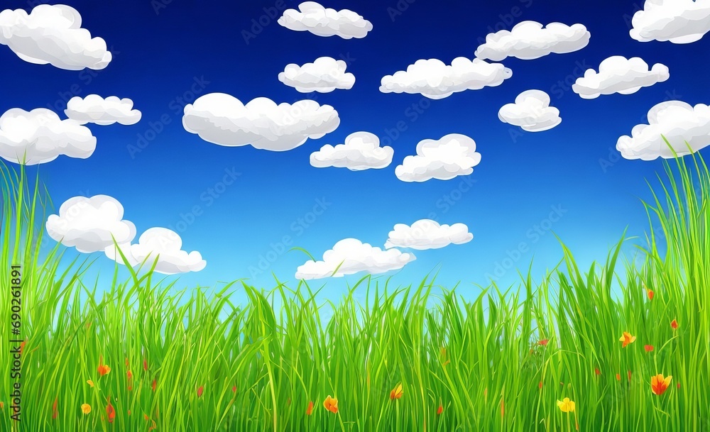 Beautiful vector sunny lawn or meadow with fluffy clou