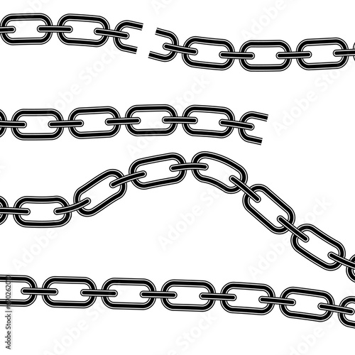 Set of different chains graphic silhouette, Bent and wavy, Metal chain links broken, Vector illustration isolated.