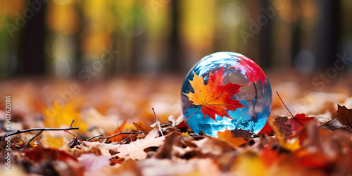 Round Clear Ball on Maple Leaves, blur, bright, color, crystal ball.Autumn leaves abstract background with glass sphere. Generative AI 