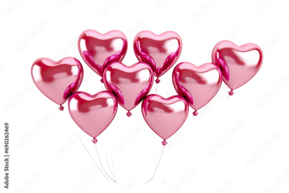 Pink flying glossy foil heart balloons, white background PNG
