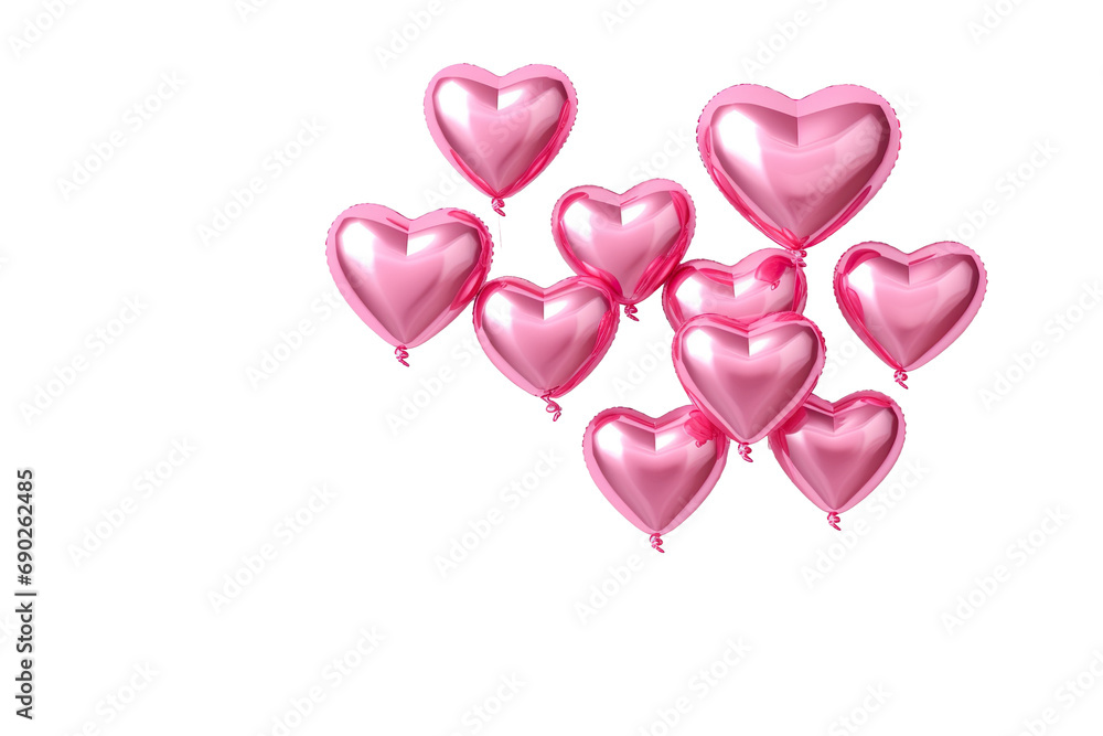 Pink flying glossy foil heart balloons, white background PNG