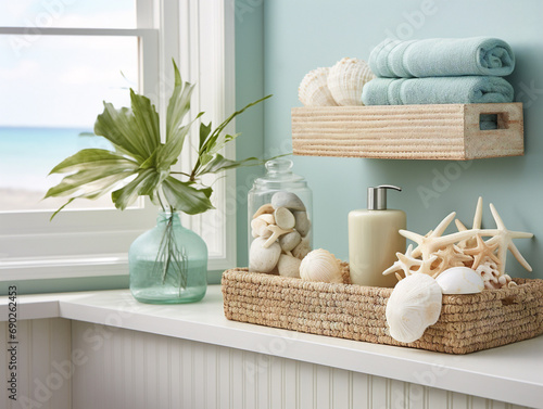 A coastal-themed bathroom with seashell decor, featuring a bathtub and a vanity sink.
