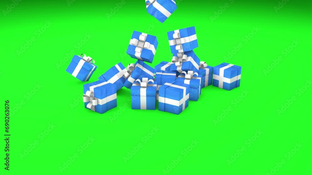 Many blue gift boxes fall on a green background. 3D animation. Winter holidays concept. Many blue gift boxes fall on a green background. 3D animation. Winter holidays concept.