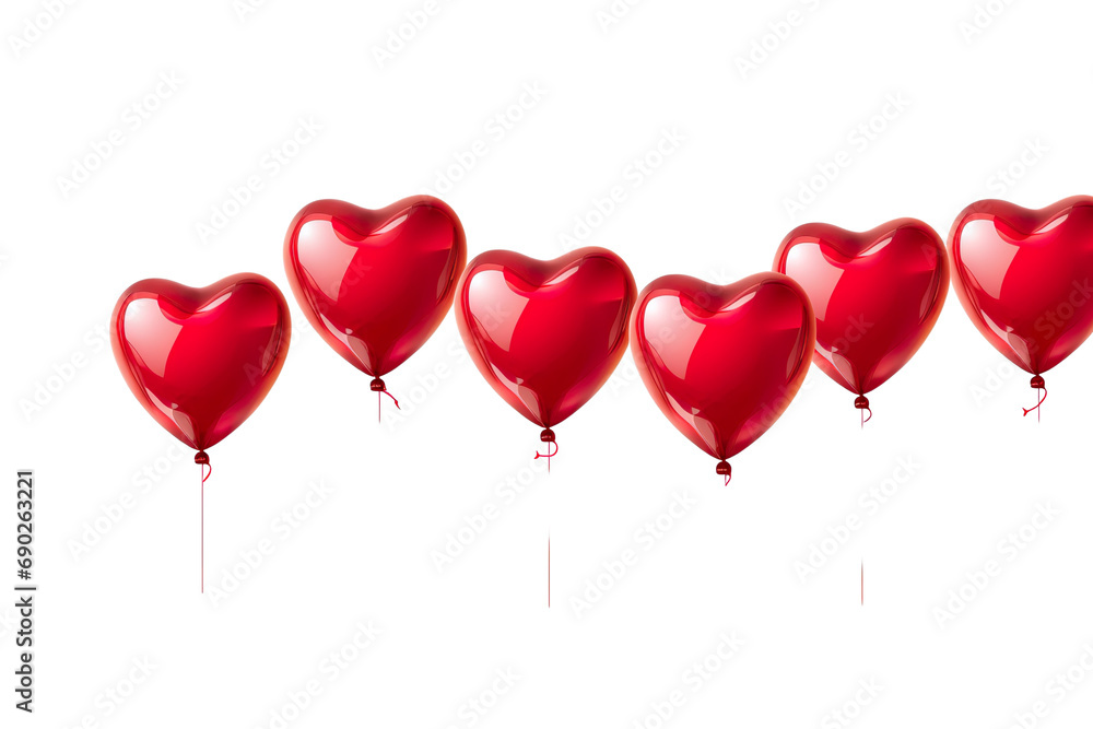 Red flying glossy foil heart balloons, white background PNG
