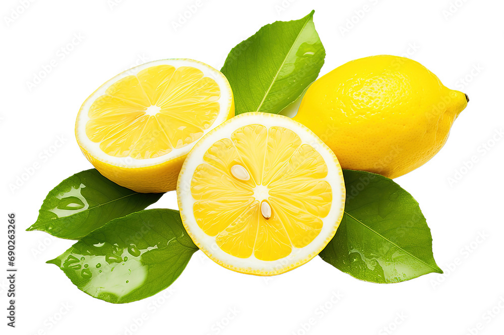 Frame made of fresh lemon and slices with leaves isolated on a Transparent background. Generative AI