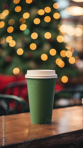 Paper cup with coffee сlose up. Green coffee cup. Christmas tree with lights on the background. Holiday season. Time for coffee. Coffee to go. Take a break. Disposable paper cup. Mockup. Generated AI