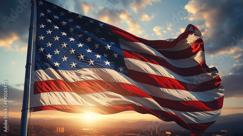 American flag waving in the wind on cloudy sky background with sun reflection at sunset for 4th of July, Independence Memorial Day. Generated AI