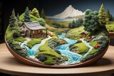 beautiful and stunning clay made design of hills, river, forest and trees