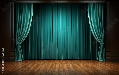 Elegant Cyan Theater Curtains with Wooden Stage