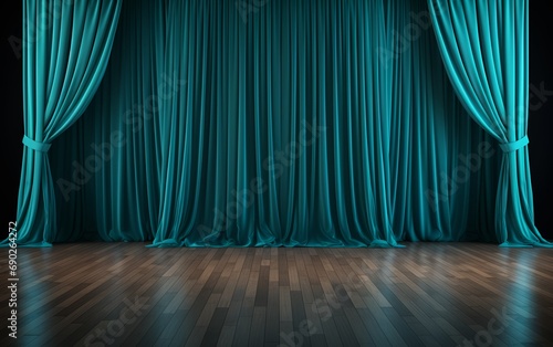 Elegant Cyan Theater Curtains with Wooden Stage