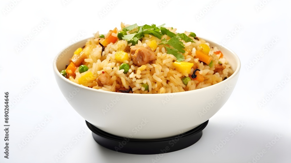 Close-up Portrait of delicious fried rice against white background, background image, generative AI Close-up Portrait of delicious fried rice against white background, background image, generative AI