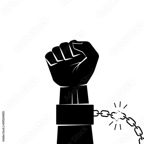 Hand in shackles broken chain. The concept of freedom and human rights. Vector graphic illustration black silhouette.