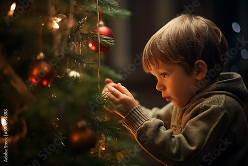 Merry Christmas and Happy Holidays! Cute little child boy is decorating the Christmas tree indoors.