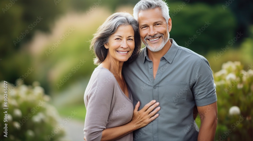 Mature beautiful couple, man and a woman, stand hugging and look at the camera, Summer photo