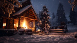 Cozy log cabin with a roaring fire and snow falling outside.