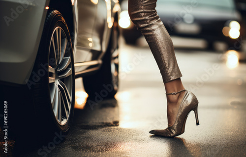 A woman's elegantly clad foot steps out, adorned in a shimmering gold high heel. The car's polished rim gleams nearby, while distant headlights cast a warm, ambient glow on the wet city street. © Sascha
