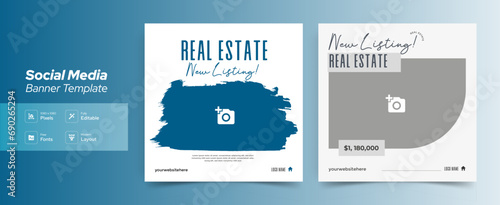 Editable real estate house sale and home rent advertising geometric modern square Social media post banner layouts set for digital marketing agency. Business elegant Promotion template design. (ID: 690265294)