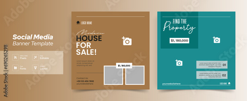Editable real estate house sale and home rent advertising geometric modern square Social media post banner layouts set for digital marketing agency. Business elegant Promotion template design. (ID: 690265298)