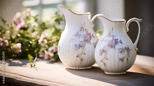 a vintage porcelain pitcher, its delicate floral motifs and dainty handle showcased against the pure white backdrop, emanating an air of timeless elegance and refinement, reminiscent of bygone eras.
