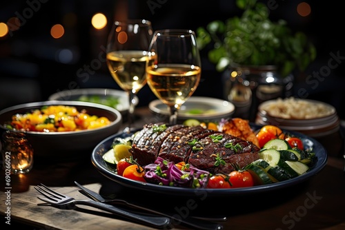 Close up of a table topped with plates of food and glasses of wine next to a bowl of salad and a glass of wine on top of a table,