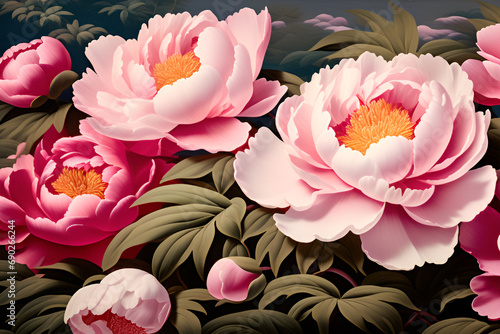 A symphony of peony blossoms adorns the canvas  a tapestry of prosperity and luck  revealing the opulent and mysterious side of Eastern beauty. Generative AI.