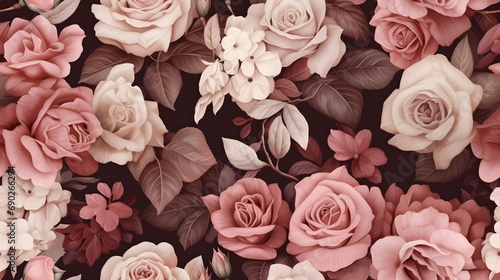 Floral pattern wallpaper inspired by vintage rose tapestries. Incorporate intricate details of roses in muted tones, background image, generative AI