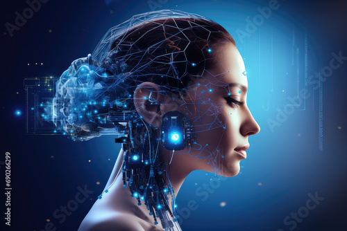 Smart brain connection of AI and robotics, showcasing an innovative network powered by neuralink technology. Evolution of futuristic communication and intelligent interaction.