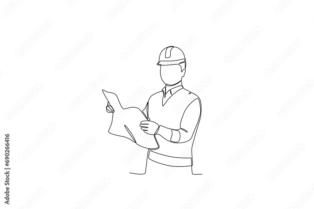 One line drawing of The foreman is looking at the building plans. Great team work concept. Trendy continuous line draw design graphic vector illustration
