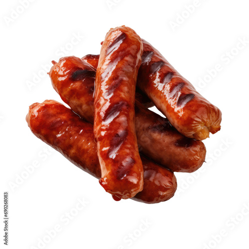 Grilled sausages isolated on white or transparent background.