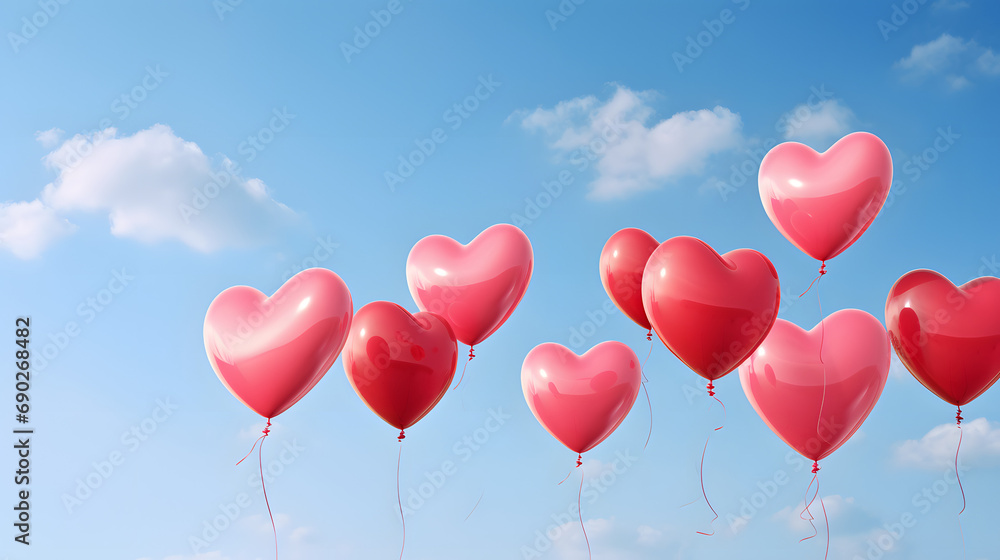 Heart-shaped balloons floating against a clear blue sky.
