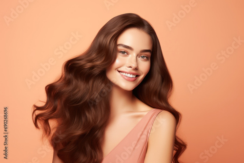 Smiling Young Female Model With Healthy Long Wavy Brown Hair on Peach Color Background