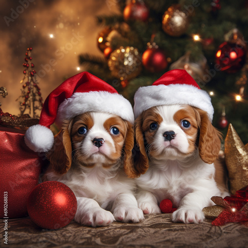three little Cavalier King Charles spaniel puppies in Santa hats lie near the Christmas tree with gifts © Виктория Дубровская