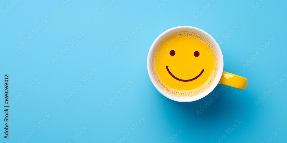 A top-down view of a cup of coffee with a smiley face on a blue background. - obrazy, fototapety, plakaty 