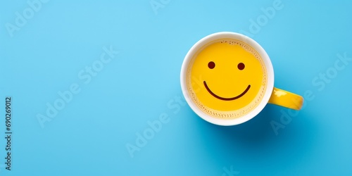 A top-down view of a cup of coffee with a smiley face on a blue background.