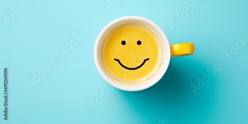 A top-down view of a cup of coffee with a smiley face on a blue background.