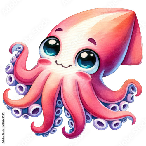 Watercolor painting of an adorable, happy squid
