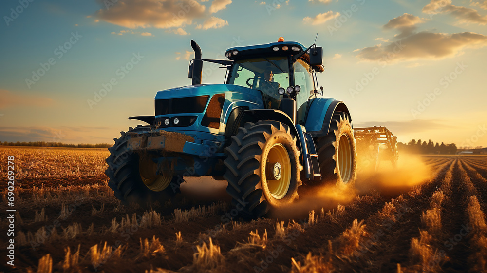 Fototapeta premium A Tractor Pulling A Grey Planter On A Empty Field on Blurry Background