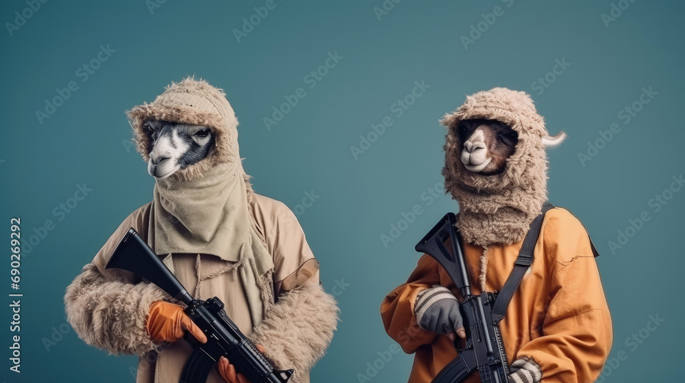 Fototapeta premium Covert Critters: Animals in Terrorist Outfits for Striking Advertisements