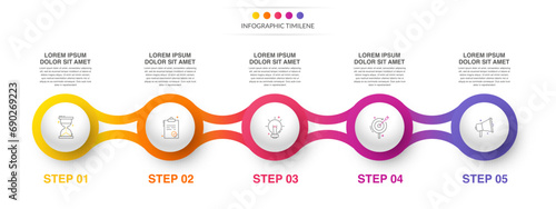 Timeline vector infographic design with 5 icons and circles. Circular infographics for business concepts and reports. Use for chart, presentations, workflow layout, banner, diagram, flow chart