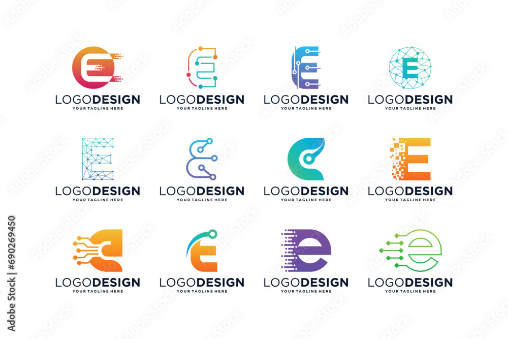 Naklejka premium Collection of letter E logo design with digital connection concept