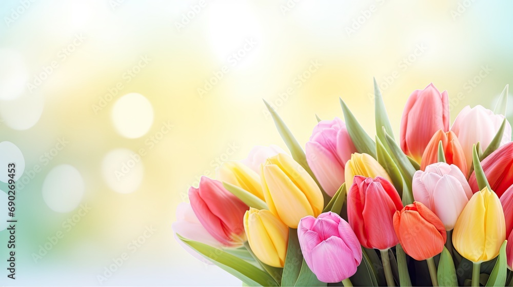 Bouquet of colorful tulips blured spring background.