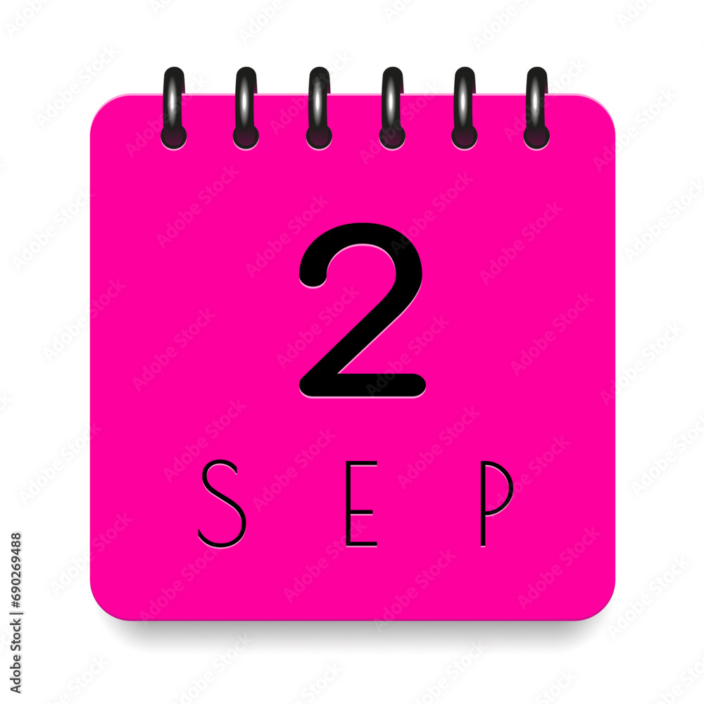 2 day of the month. September. Pink calendar daily icon. Black letters. Date day week Sunday, Monday, Tuesday, Wednesday, Thursday, Friday, Saturday. Cut paper. White background. Vector illustration. 2 day of the month. September. Pink calendar daily icon. Black letters. Date day week Sunday, Monday, Tuesday, Wednesday, Thursday, Friday, Saturday. Cut paper. White background. Vector illustration.