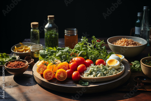 organized kitchen scene with fresh ingredients, highlighting the art of preparing nutritious meals, photo, minimalistic cinematic style
